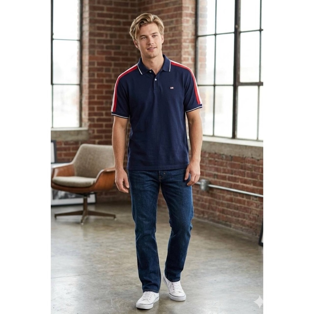 VTG Men's Polo Jeans Co. Ralph Lauren Navy Polo Shirt Shoulder Racing Stripes L